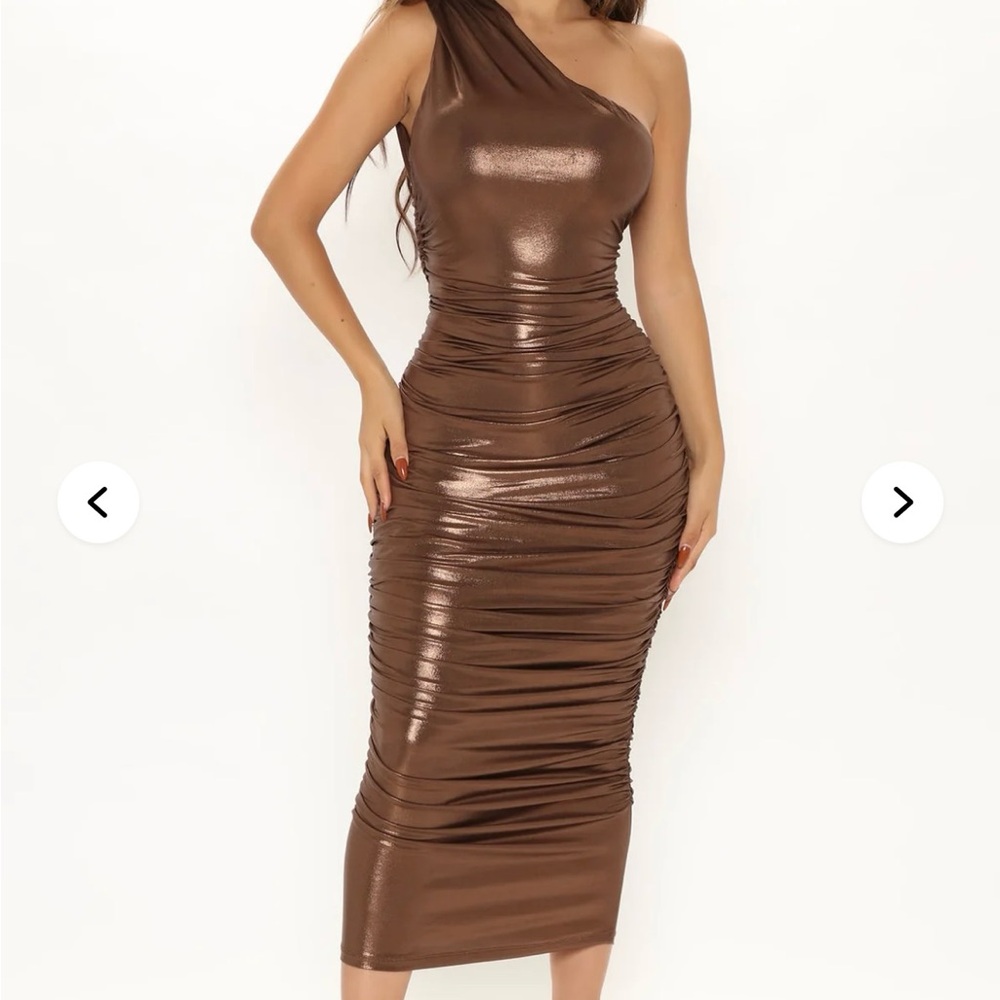 Fashion Nova Shimmering One-Shoulder Dress in Brown